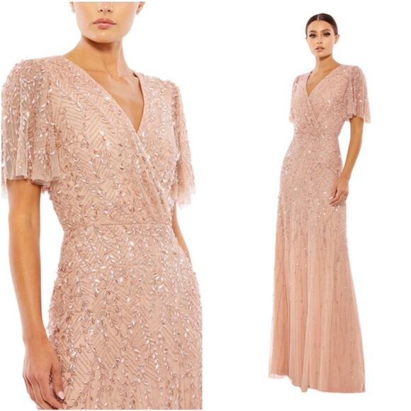 NWT MAC DUGGAL 35109 Nude Beaded Embellished Flutter Sleeve Dress Women’s - Picture 1 of 13